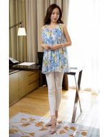 WT21074 Floral Chiffon Top Blue