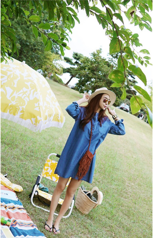WD6633 Casual Denim Dress Dark Blue