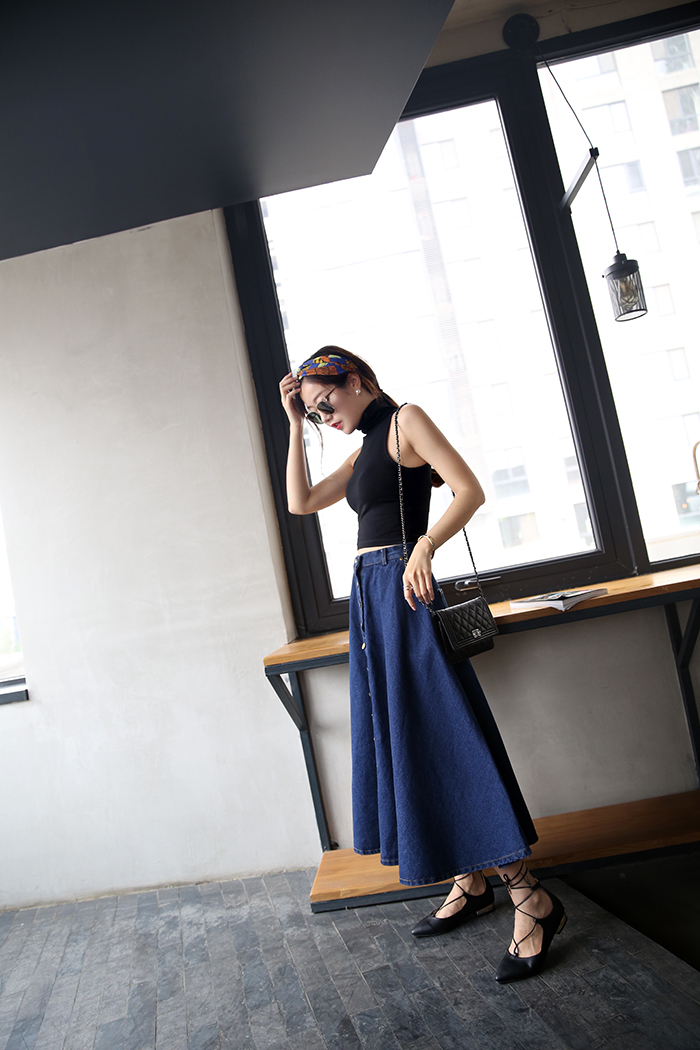 WK3701 Stylish Denim Skirt Dark Blue
