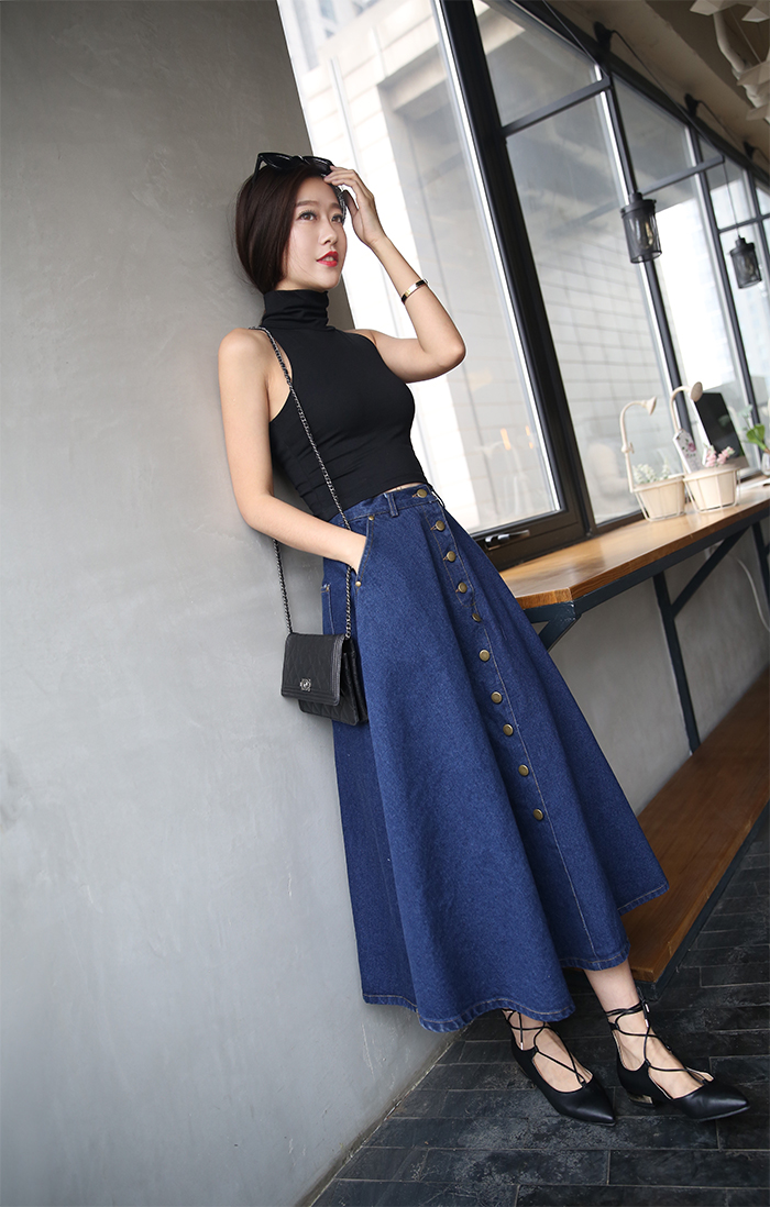 WK3701 Stylish Denim Skirt Dark Blue