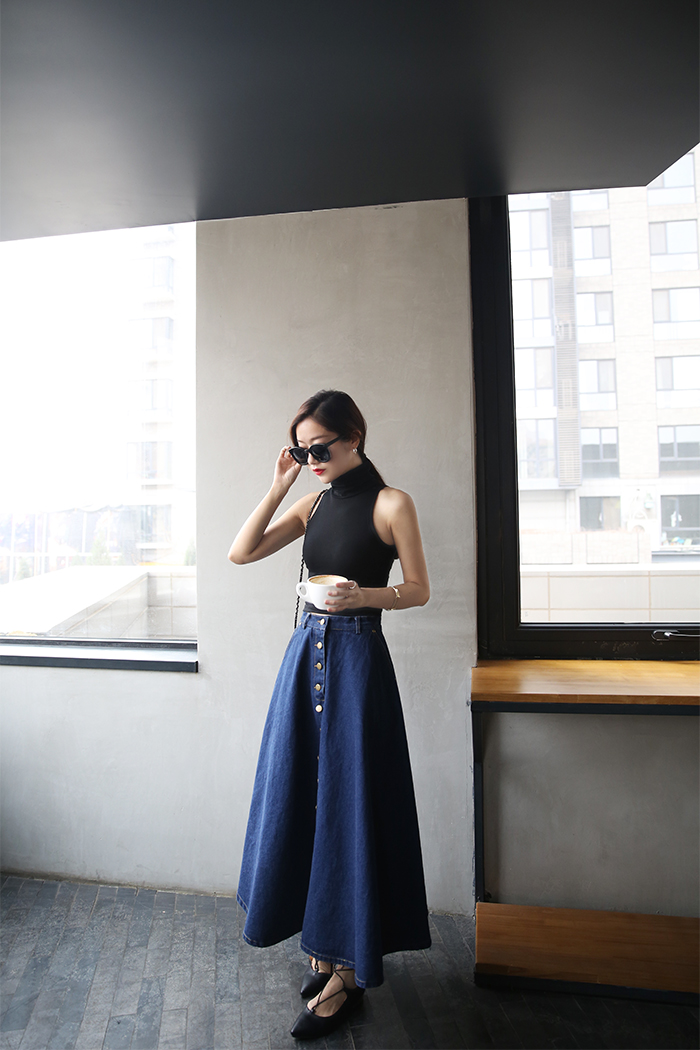 WK3701 Stylish Denim Skirt Dark Blue