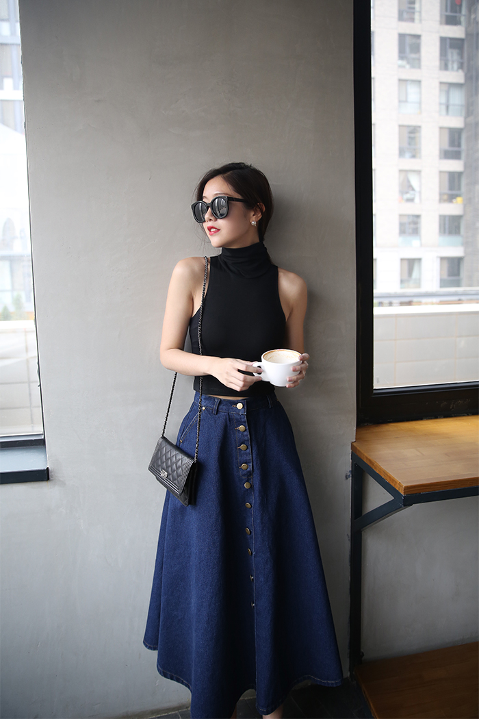 WK3701 Stylish Denim Skirt Dark Blue