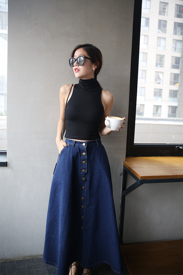 WK3701 Stylish Denim Skirt Dark Blue