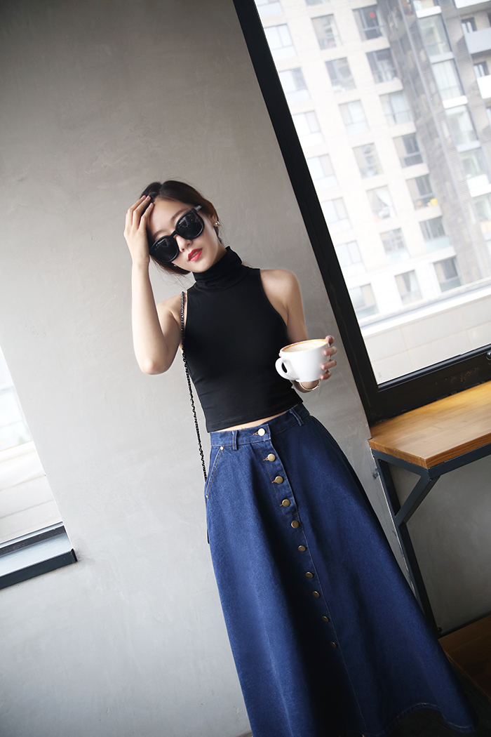 WK3701 Stylish Denim Skirt Dark Blue