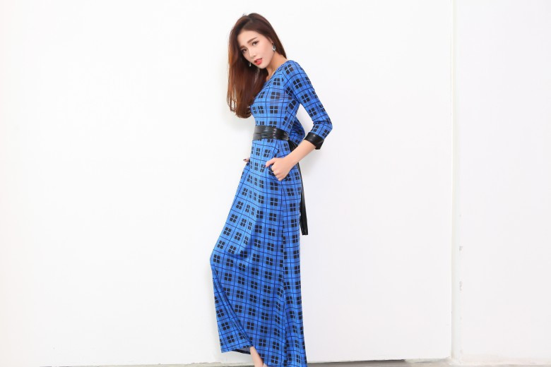 WD6990 Checker Maxi Dress Dark Blue