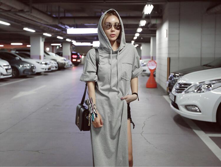 WD7324 Fashion Hooded Dress Grey