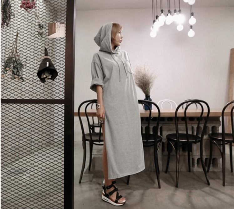 WD7324 Fashion Hooded Dress Grey
