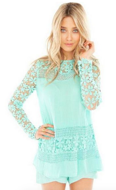 WT7418 Fashion Lace Top Turquoise
