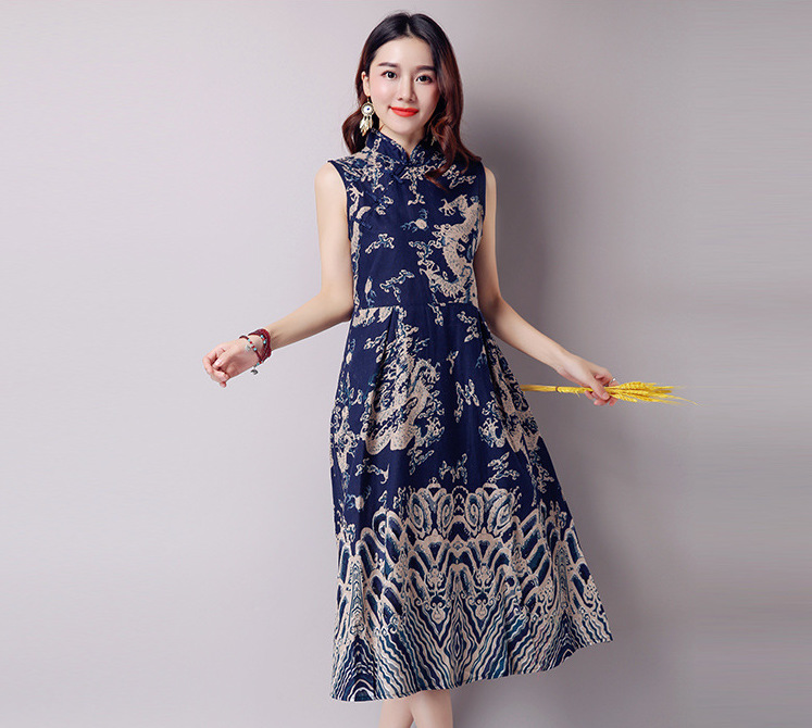WC3770 Elegant Fashion Cheongsam Blue