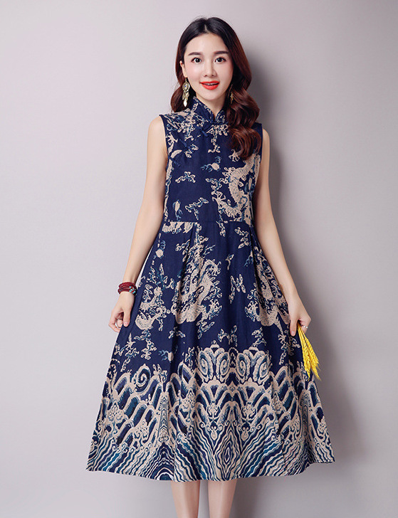 WC3770 Elegant Fashion Cheongsam Blue