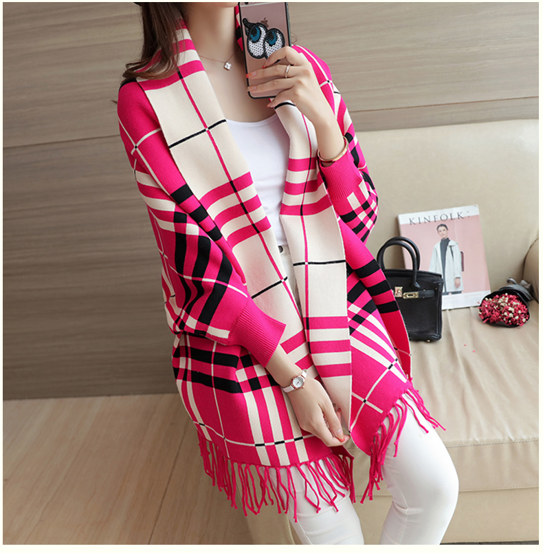 WJ3791 Checker Cardigan Dark Pink