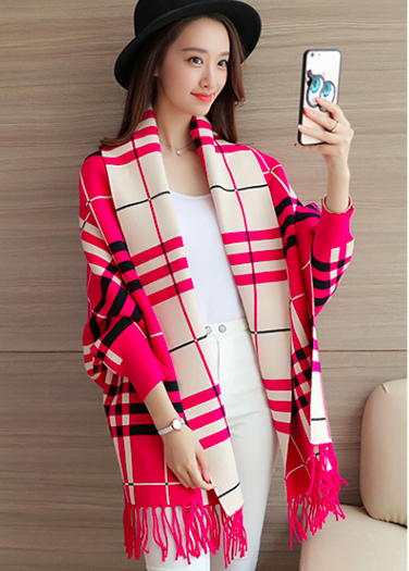 WJ3791 Checker Cardigan Dark Pink