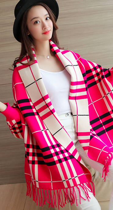WJ3791 Checker Cardigan Dark Pink