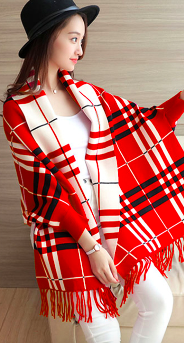 WJ3791 Checker Cardigan Red