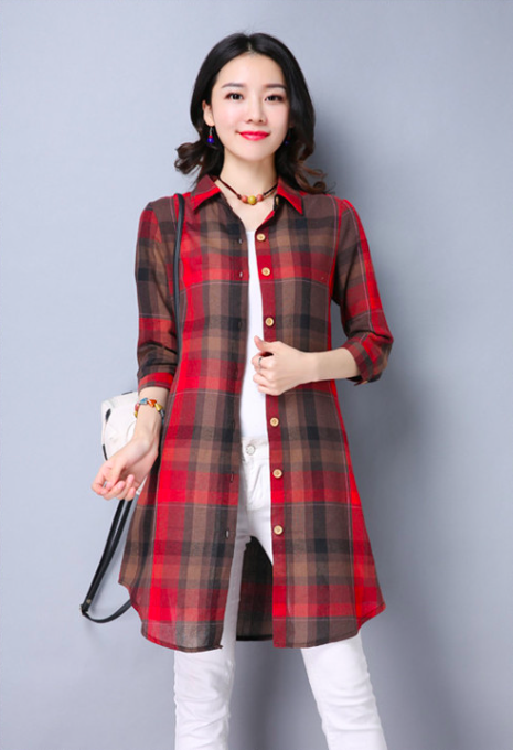WT7533 Checker Long Top Red