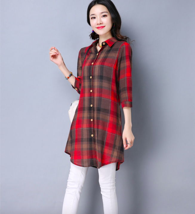 WT7533 Checker Long Top Red