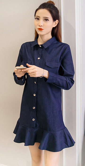 WD7574 Fashion Denim Dress Dark Blue