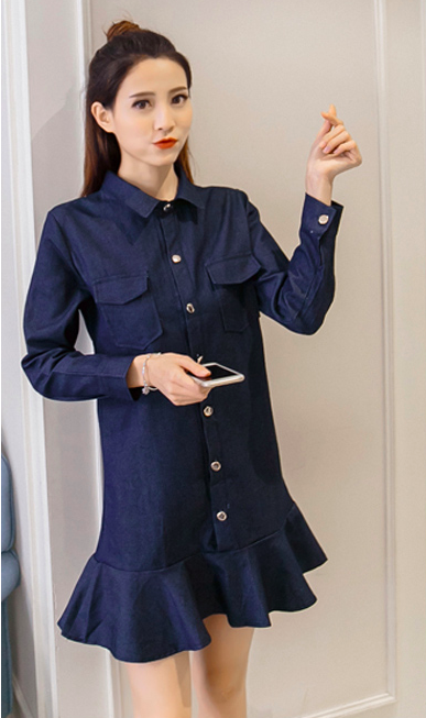 WD7574 Fashion Denim Dress Dark Blue