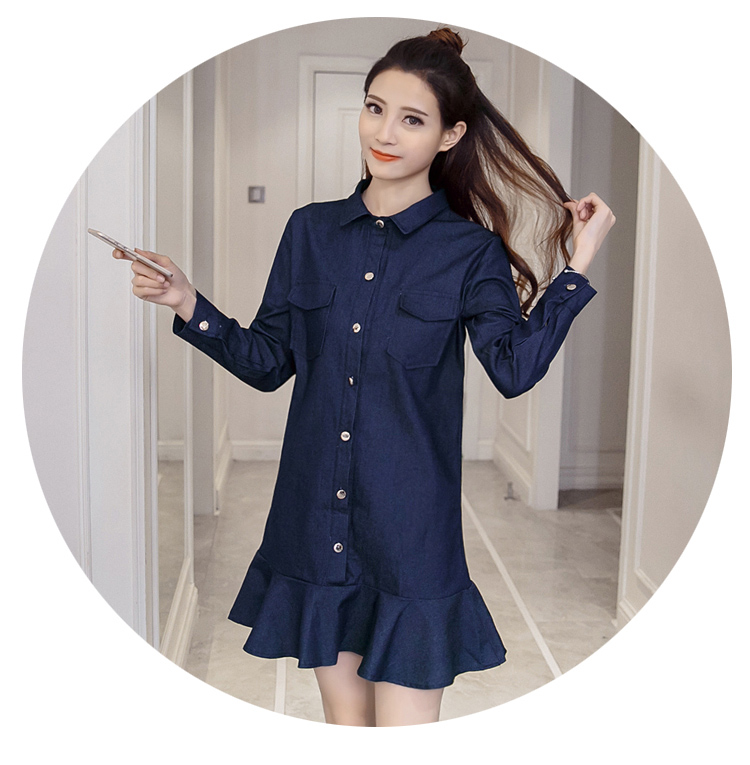 WD7574 Fashion Denim Dress Dark Blue