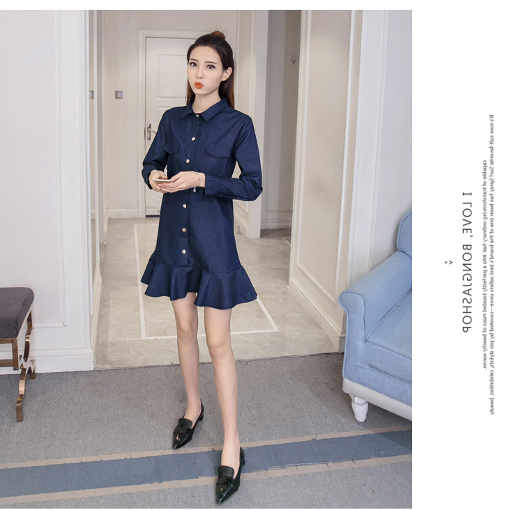WD7574 Fashion Denim Dress Dark Blue