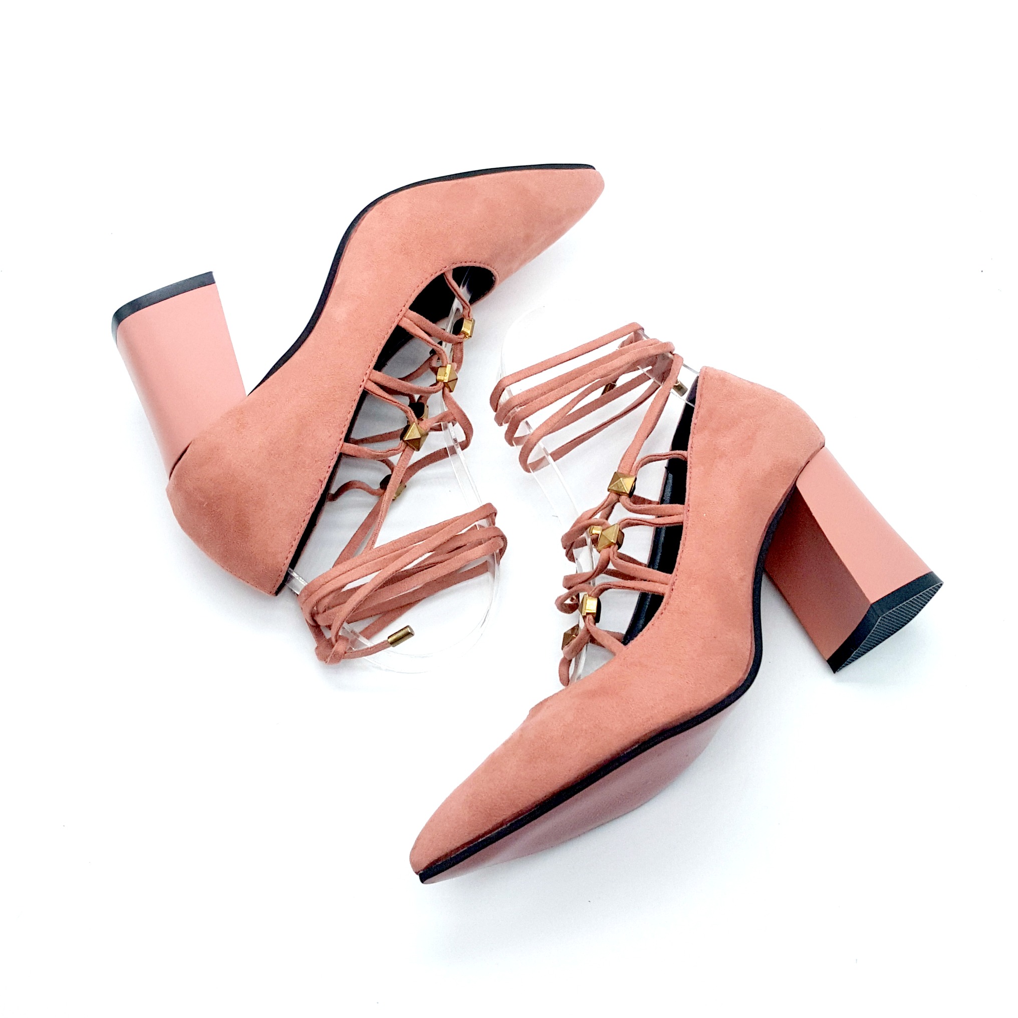 HA039 Tie Up Mid Heels Pink