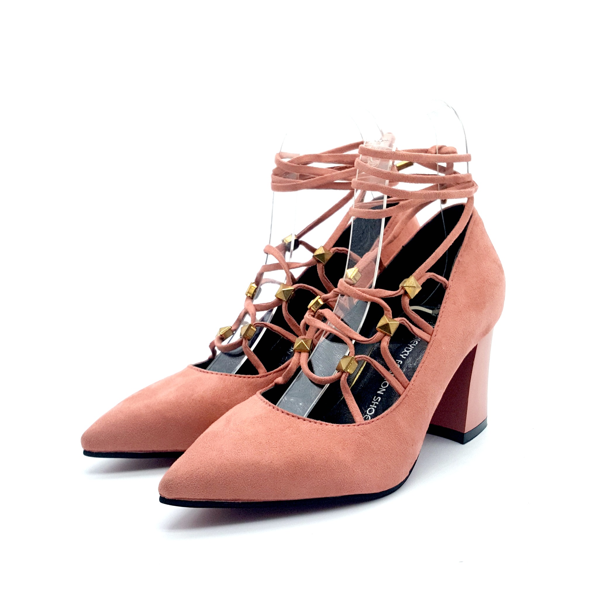 HA039 Tie Up Mid Heels Pink