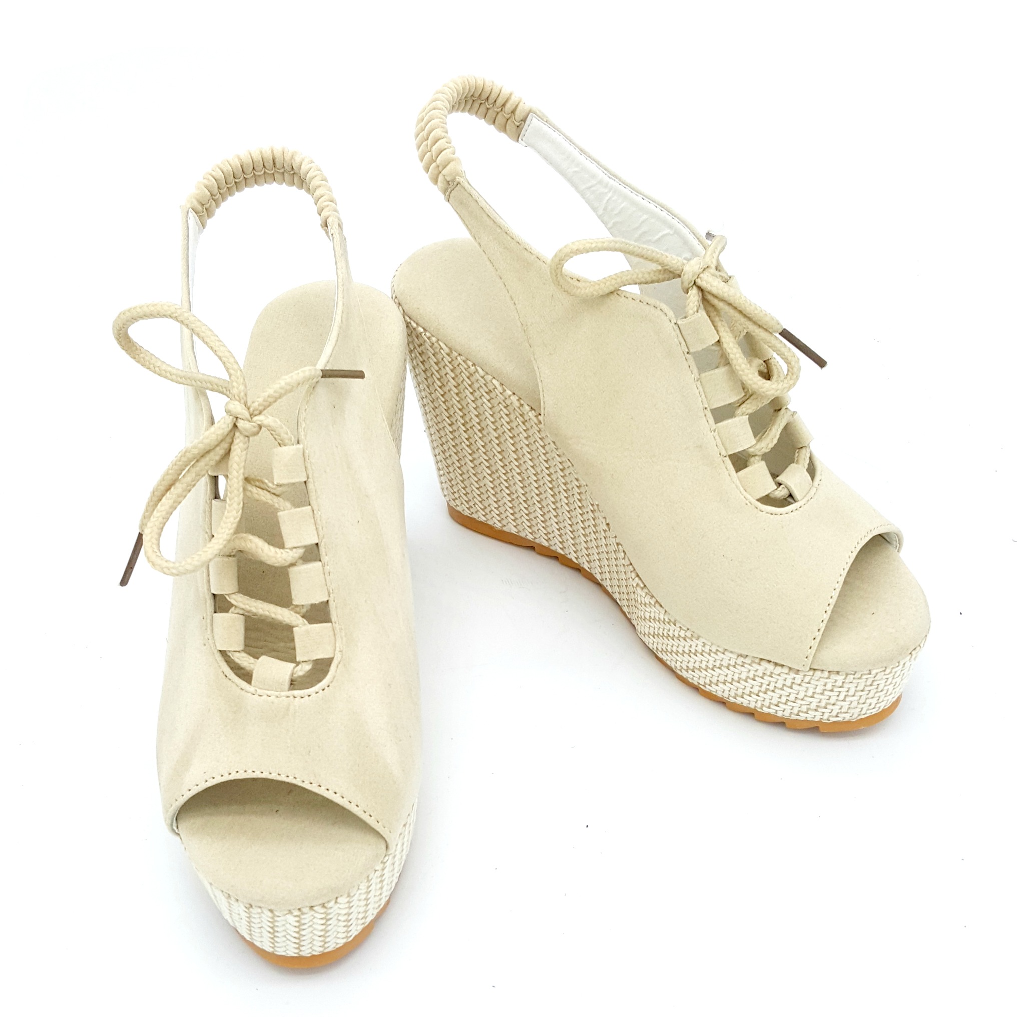 HA040 Open Toe Lace Up wedges Beige