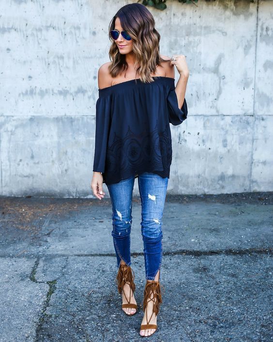 WT3852 Off-Shoulder Top Dark Blue 