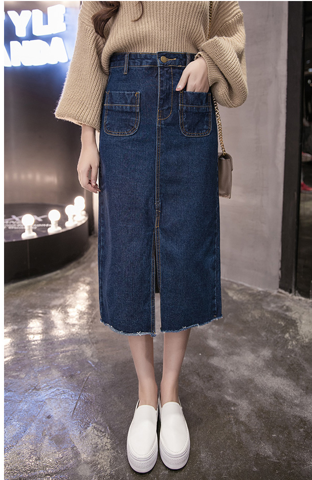 WK3855 Fashion Denim Skirt Dark Blue