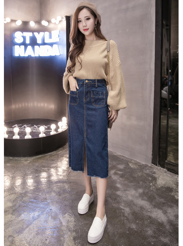 WK3855 Fashion Denim Skirt Dark Blue