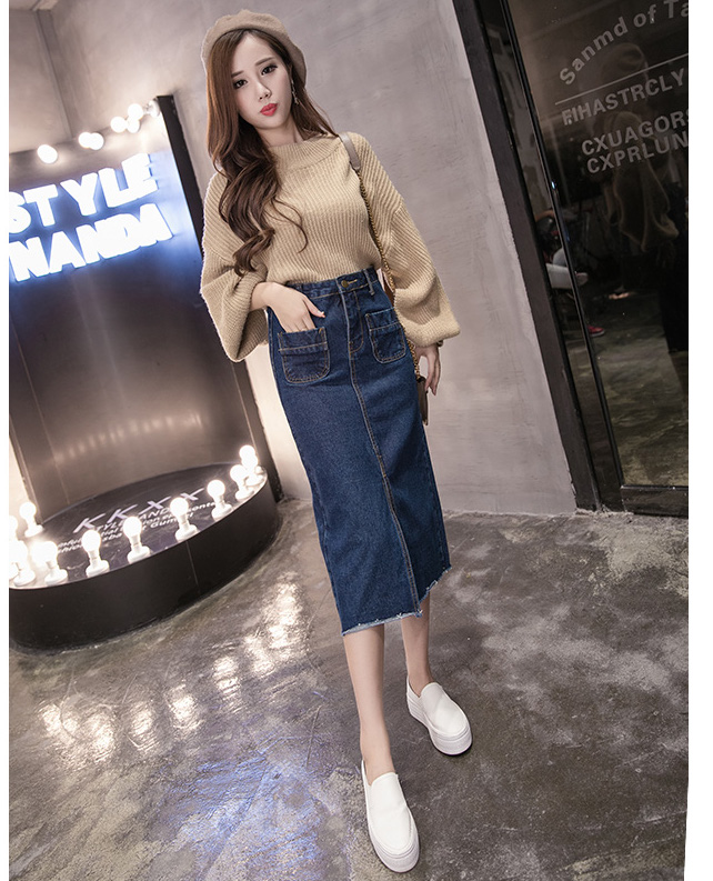 WK3855 Fashion Denim Skirt Dark Blue