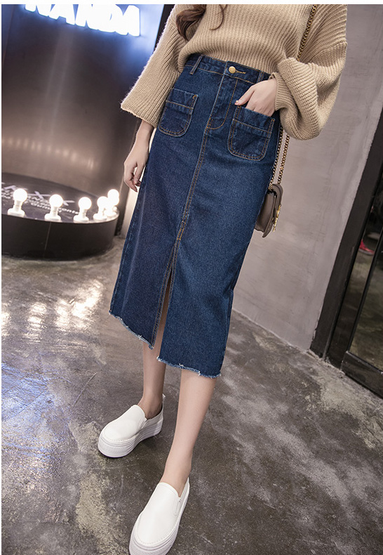 WK3855 Fashion Denim Skirt Dark Blue