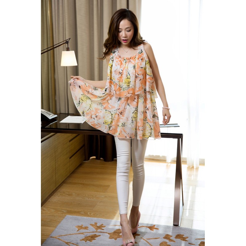 WT21074 Floral Chiffon Top Orange