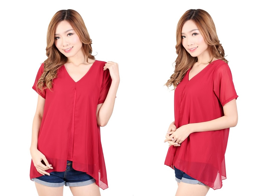 QA-327 Women V Neck Top Red
