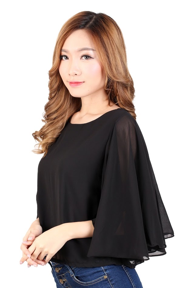 QA-330 Elegant Cape Sleeves Top Black