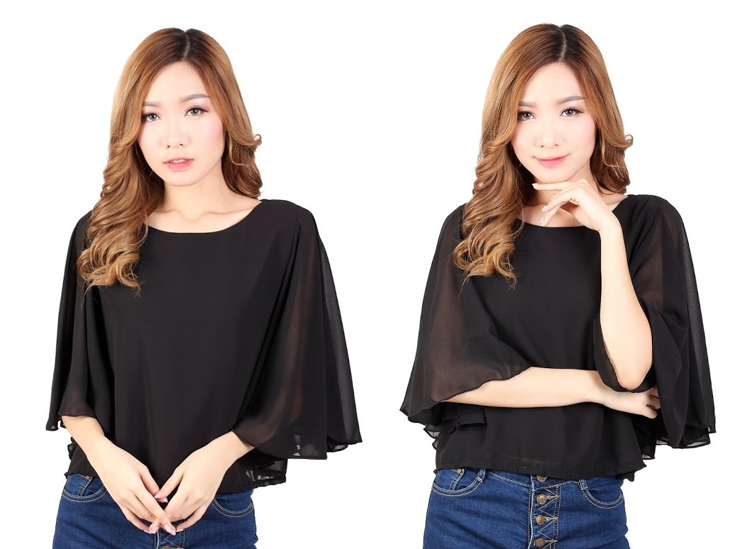 QA-330 Elegant Cape Sleeves Top Black