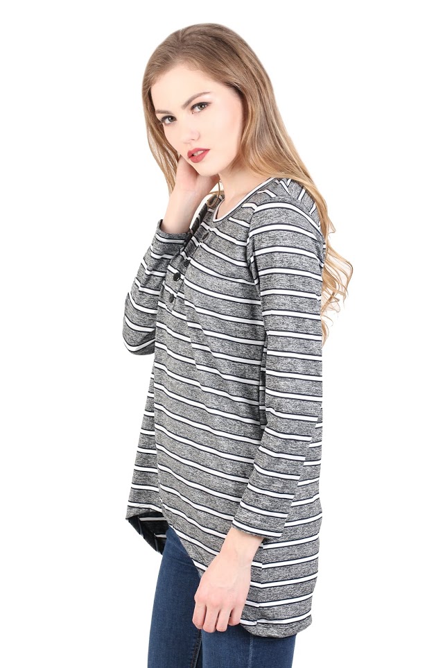QA-342 Trendy Striped Casual Top Black