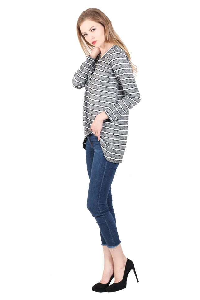 QA-342 Trendy Striped Casual Top Black