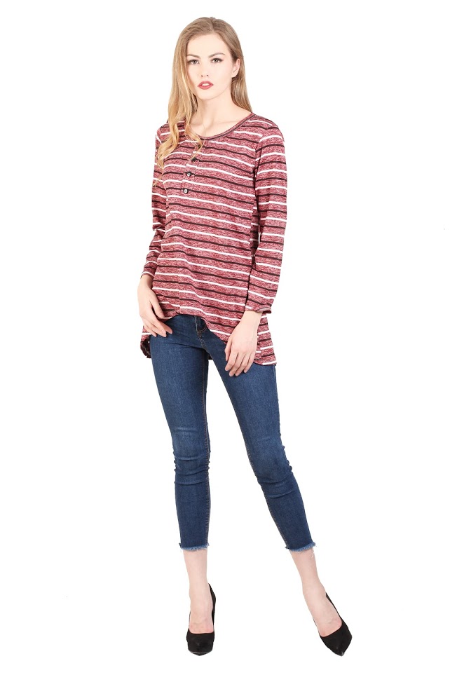 QA-342 Trendy Striped Casual Top Wine Red
