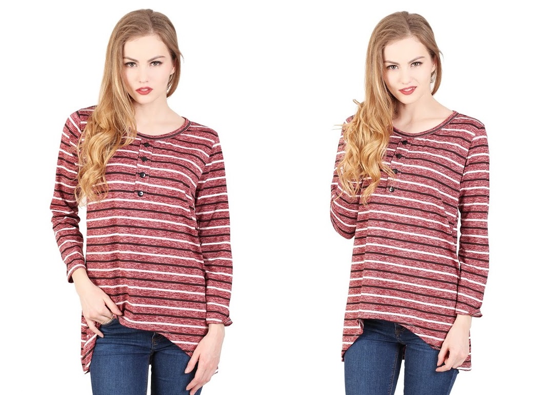 QA-342 Trendy Striped Casual Top Wine Red