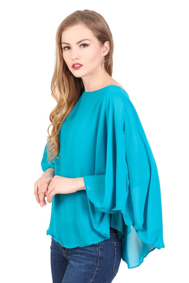 QA-345 Stylish Flared Sleeves Top Sky Blue