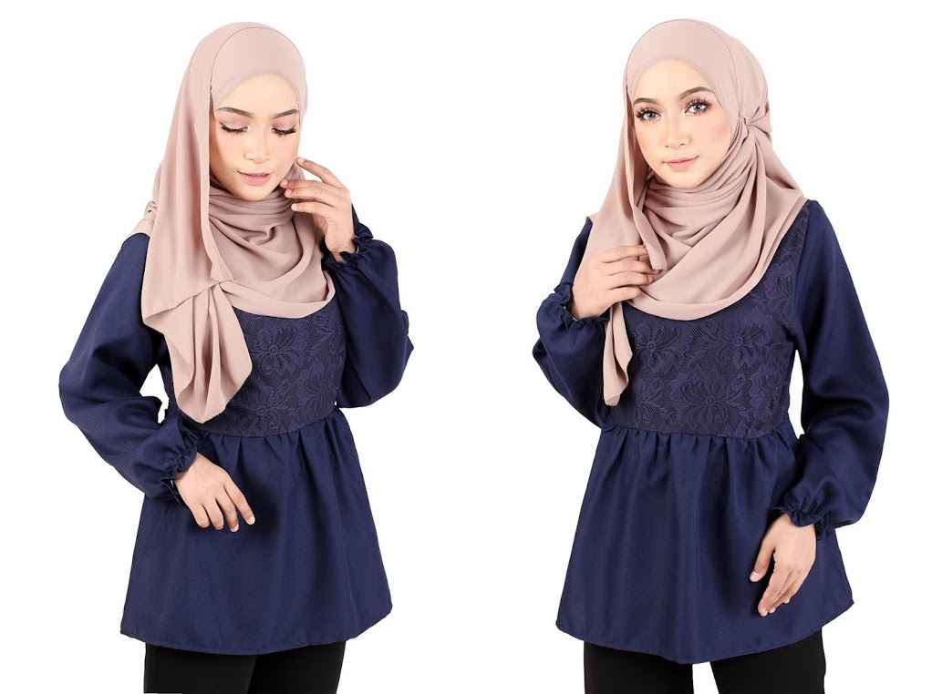 QA-367 Muslimah Waistband Peplum Top Dark Blue