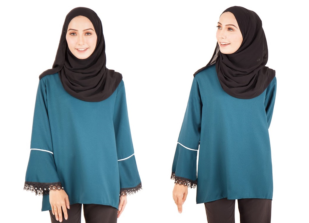 QA-396 Fluted Sleeves Women Blouse Ocean Green