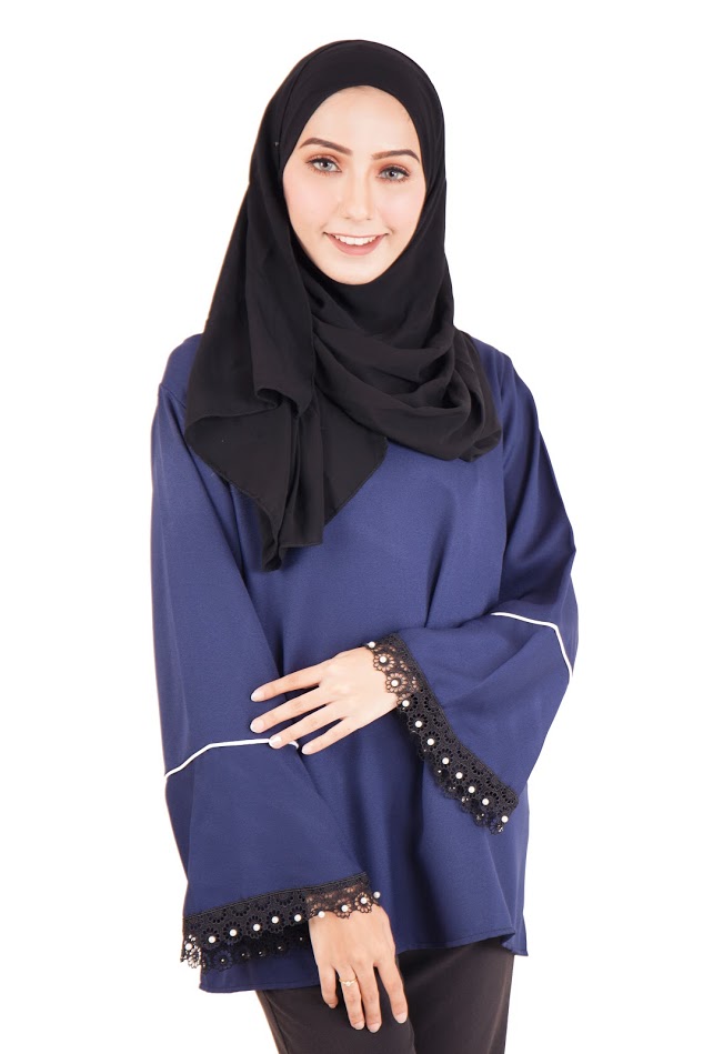 QA-396 Fluted Sleeves Women Blouse Navy Blue
