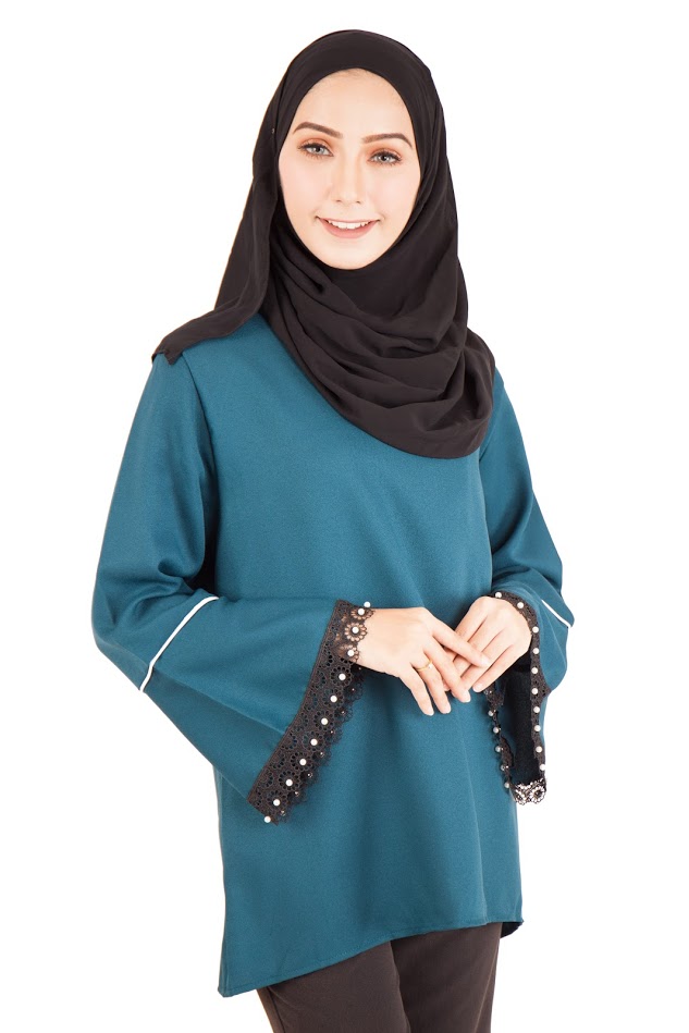 QA-396 Fluted Sleeves Women Blouse Ocean Green