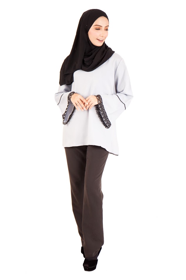 QA-396 Fluted Sleeves Women Blouse Grey