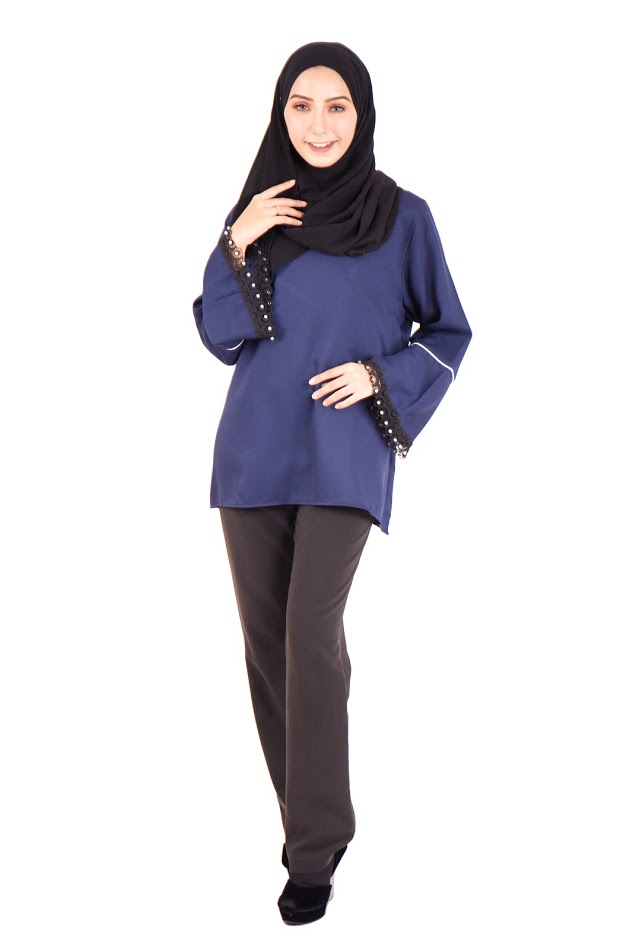 QA-396 Fluted Sleeves Women Blouse Navy Blue