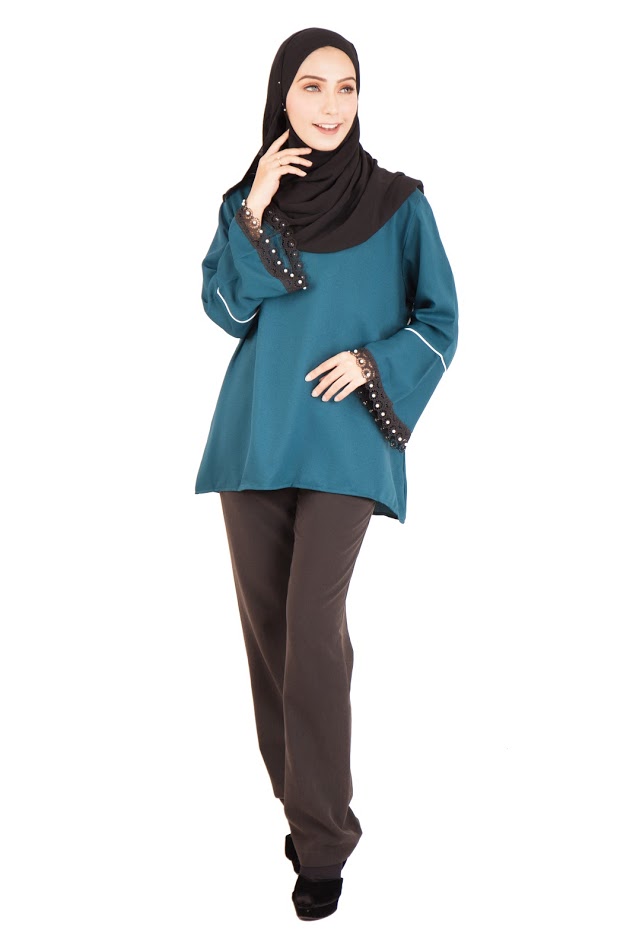 QA-396 Fluted Sleeves Women Blouse Ocean Green