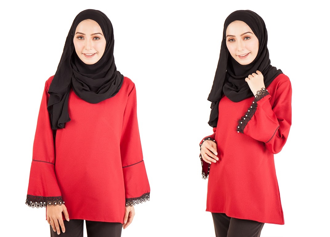 QA-396 Fluted Sleeves Women Blouse Red