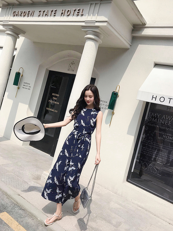 VW12266 Crane Print Jumpsuit As Picture